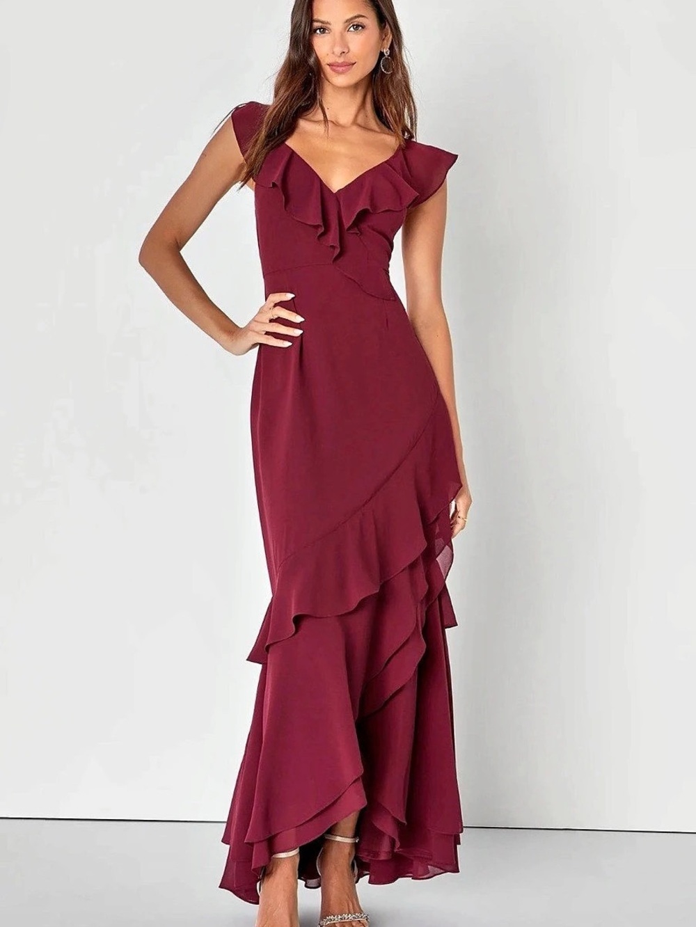 Lulus I'm All Yours Burgundy Ruffled Maxi Dress NWT